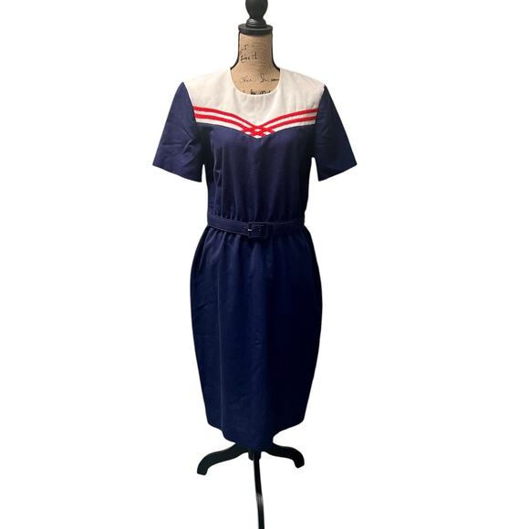 Vintage Periwinkle Nautical Navy Dress-Sz 16-Belted-USA Made-80s Midi-Patriotic - Picture 2 of 10